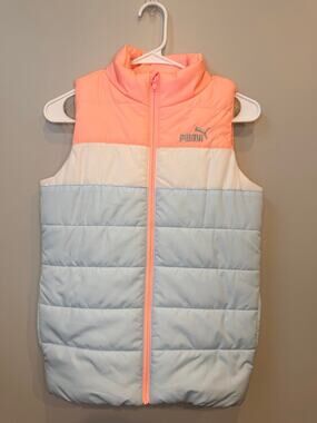 PUMA Girls Puffer Vest Full-Zip Jacket Pastel Pink Blue White Size M 10/12